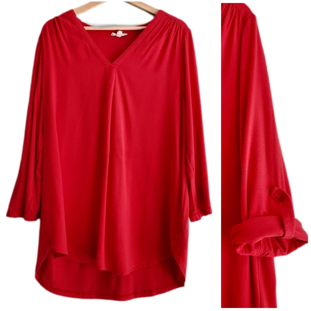 🍒 PLEIONE Utility Sleeve Hi-Low hem V-Neck Blouse Top Sz L